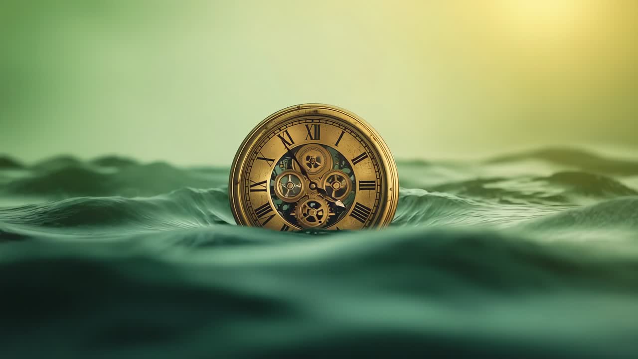 Bobbing brass clock face rising on lapping waves under golden glow, revealing gears, Roman numerals