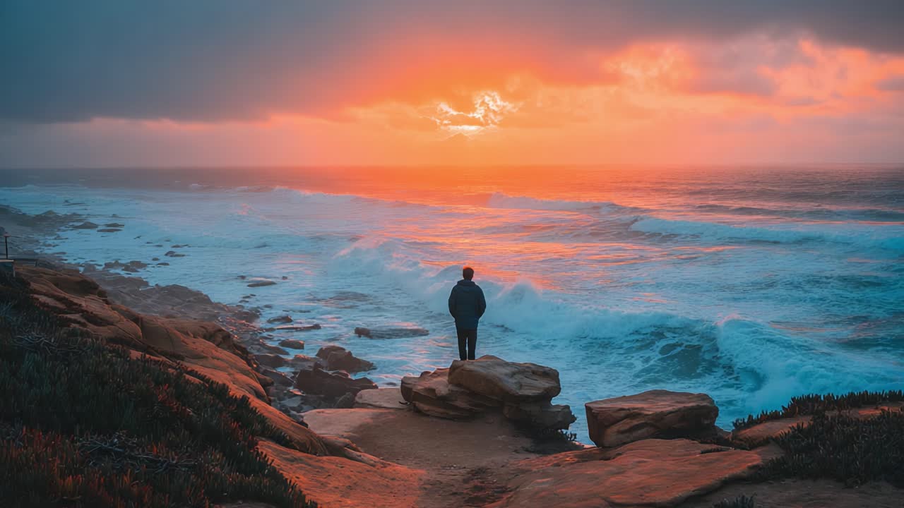 A Solemn Reflection at Sunset: A Figure Gazes Over the Waves as the Sky Transforms into a Canvas of Colors, Capturing the Peace of Nature’s Beauty