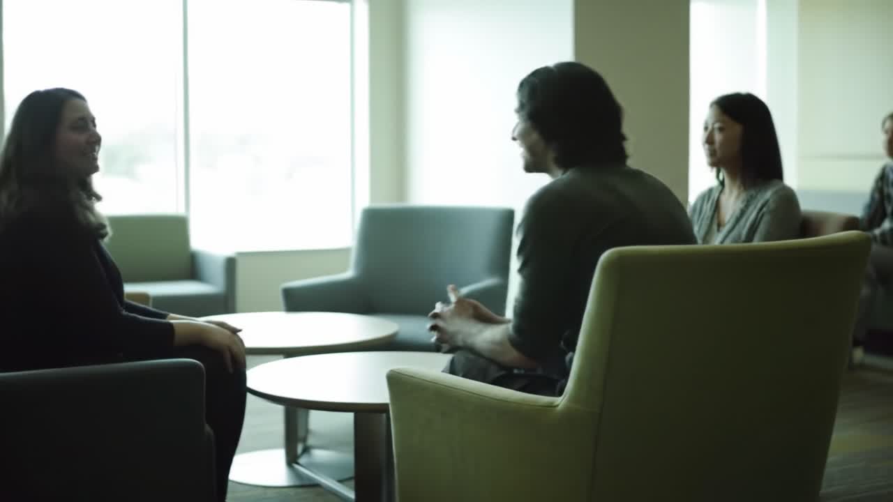 A Serene Conversation in an Inviting Waiting Area: Two Individuals Engaging in Meaningful Dialogue Amidst Comfortable Seating and Natural Light