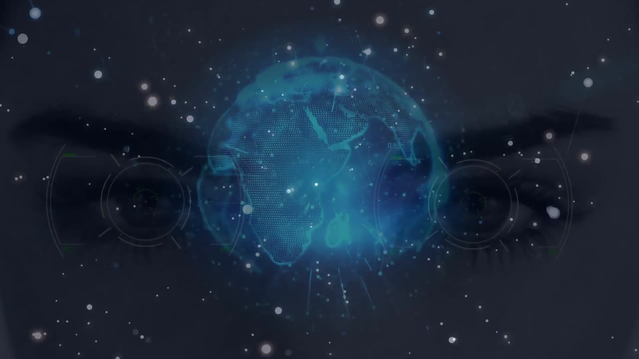 Animation of network of connections and woman's face over globe