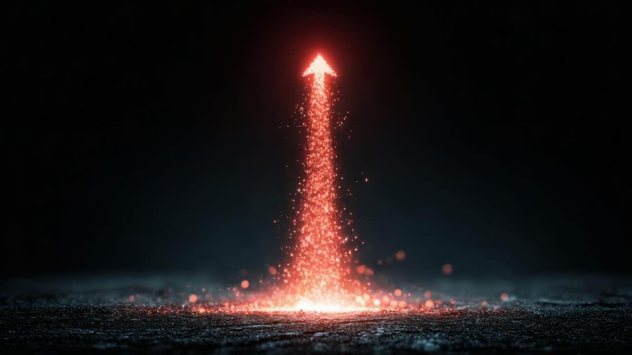 A sparkling red arrow shoots upward, leaving a trail of shimmering light particles, symbolizing progress, growth, and the pursuit of new heights and aspirations in a mesmerizing display