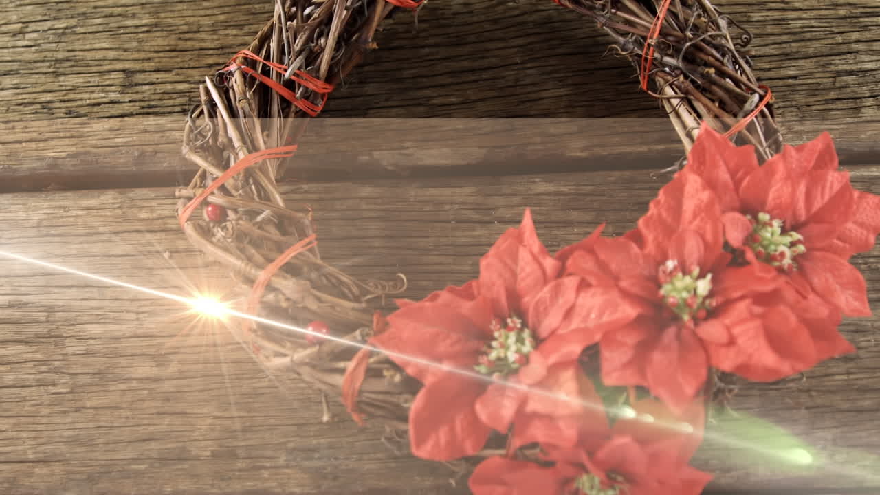 animación de la luz que se mueve sobre la corona de navidad en superficie de madera