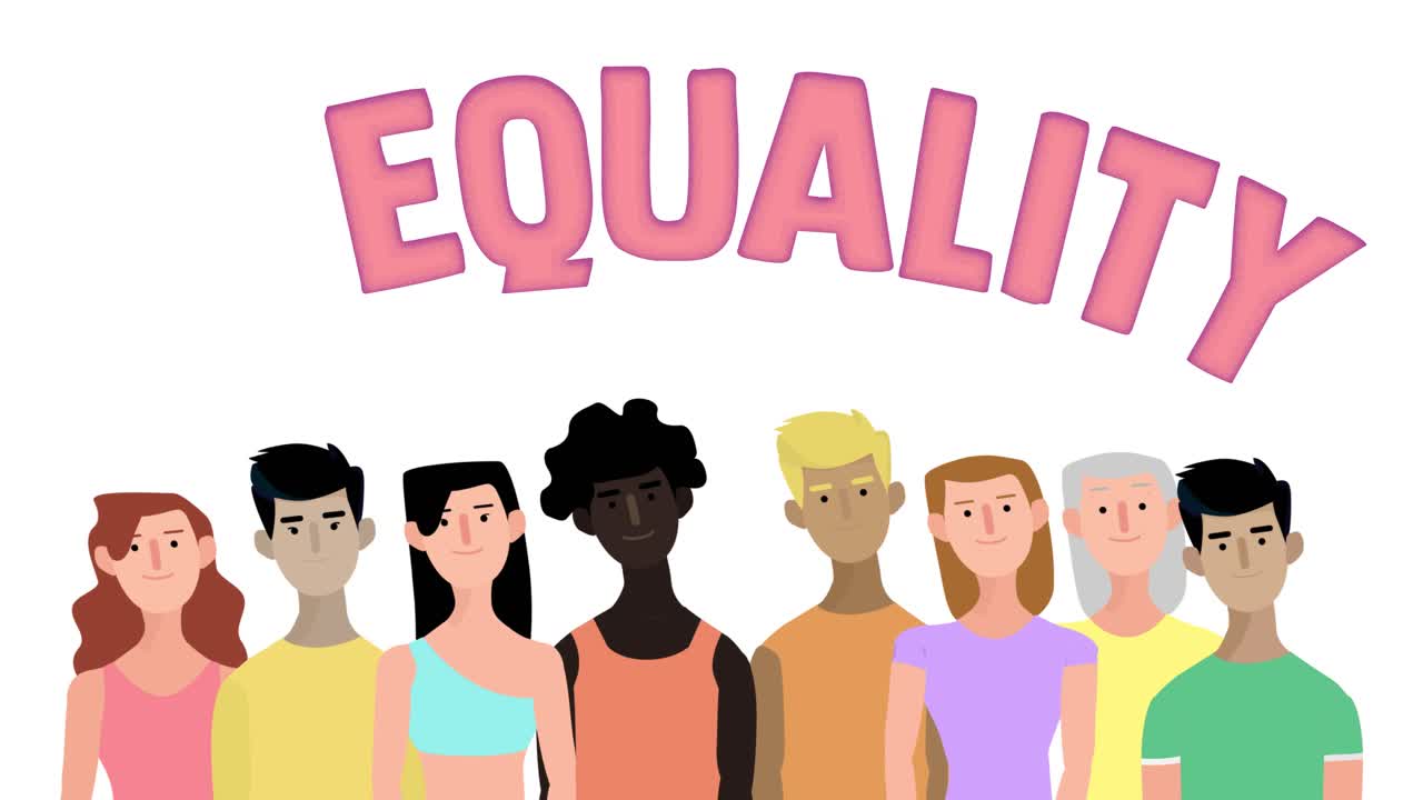 Animated illustration of multiethnic people with the word equality