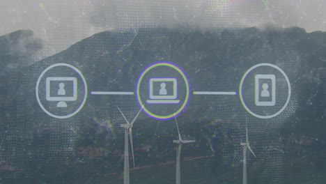 network of connected devices animation over wind turbines in mountainous landscape