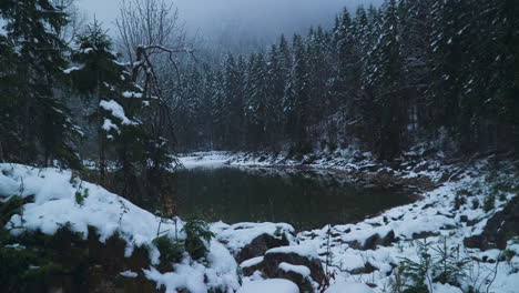 Snowy-Lake-Eibsee-misty-Zugspitze-wintry-woodland-trees-in-Bavarian-wilderness