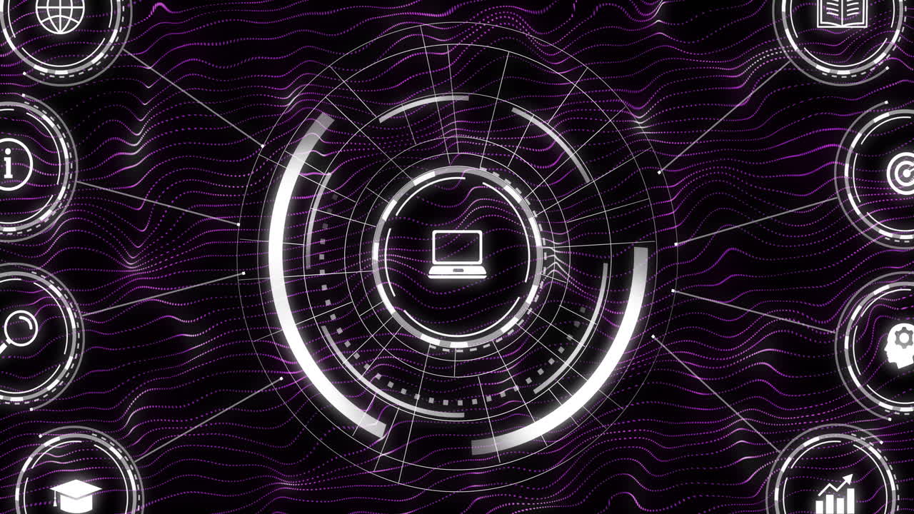 animación de una red de iconos digitales sobre un fondo negro