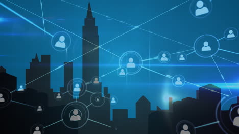 animation of network of connections over cityscape