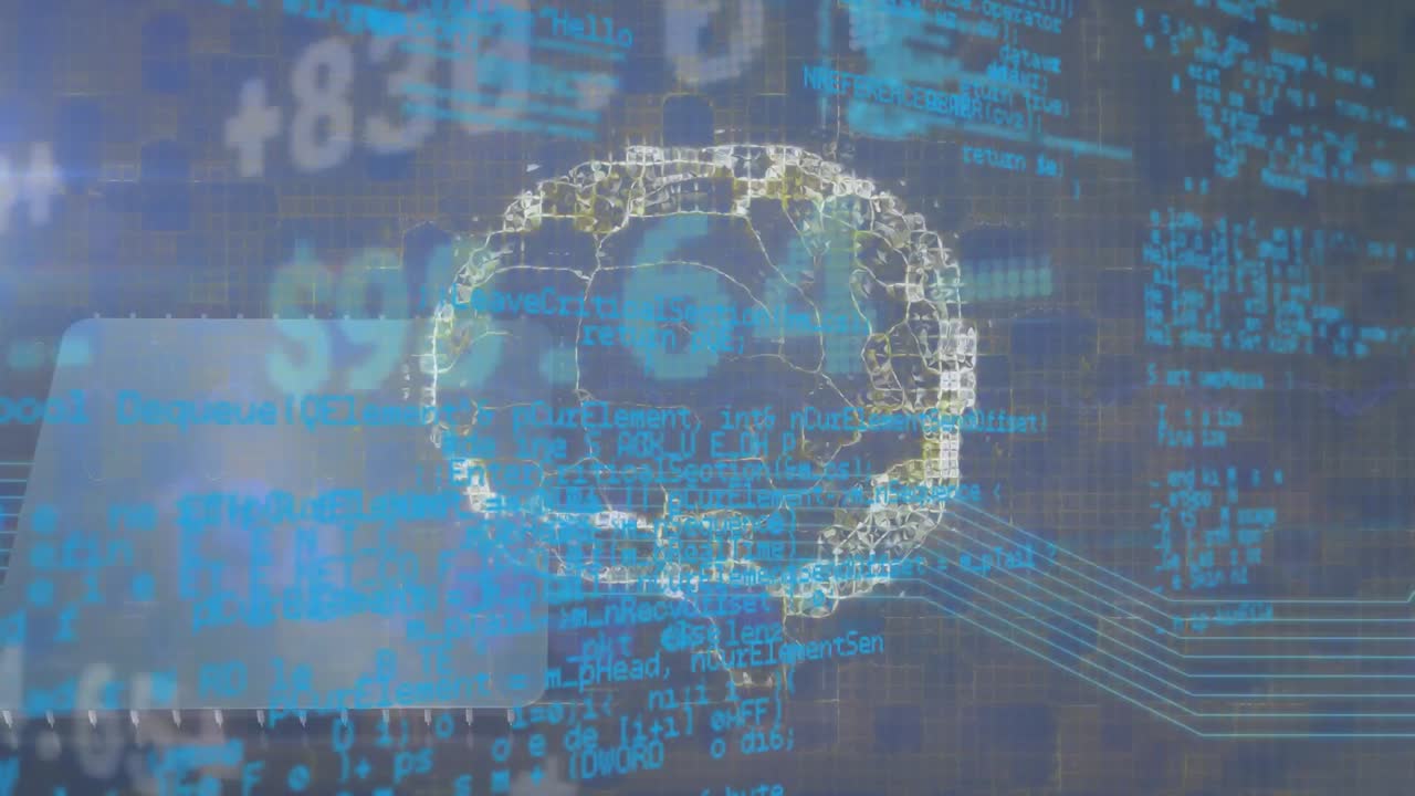 파란색 배경에 대한 인간 뇌 모델을 회전시키는 데이터 처리의 애니메이션.