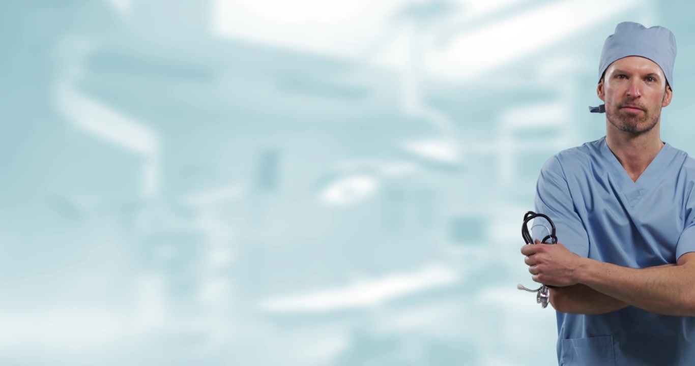 Animation eines kaukasischen männlichen Arztes vor einem blauen, unscharfen Hintergrund.