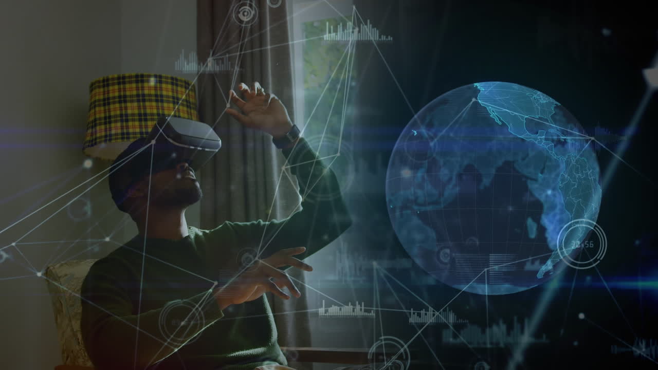 Man using virtual reality headset and digital globe