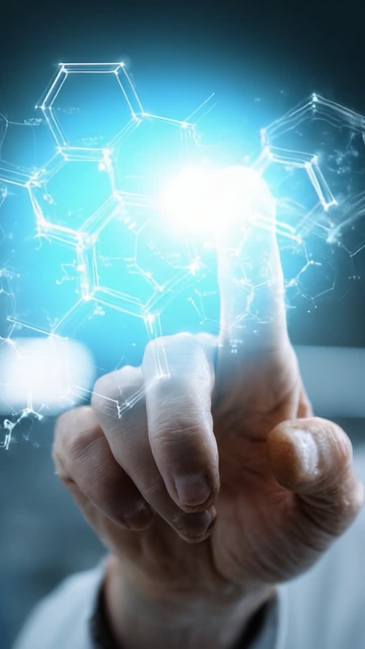 Um Salto Revolucionário na Tecnologia: Um Close-up de uma Mão Tocando uma Interface Digital Representando Estruturas Moleculares e Inovações Interativas