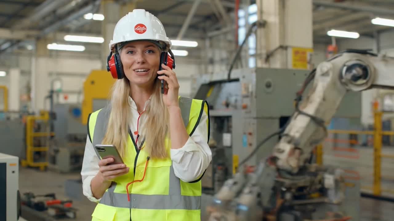 Trabalhadora de fábrica sorridente falando ao telefone com protetores auriculares