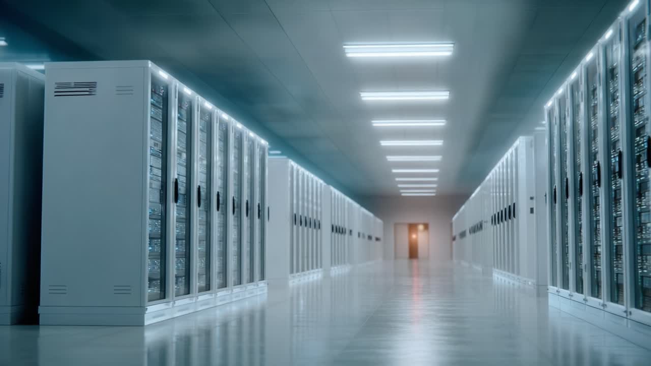 A High-Tech Data Center with Rows of Servers Showcasing Advanced Infrastructure and Modern Storage Solutions in an Immaculate Environment