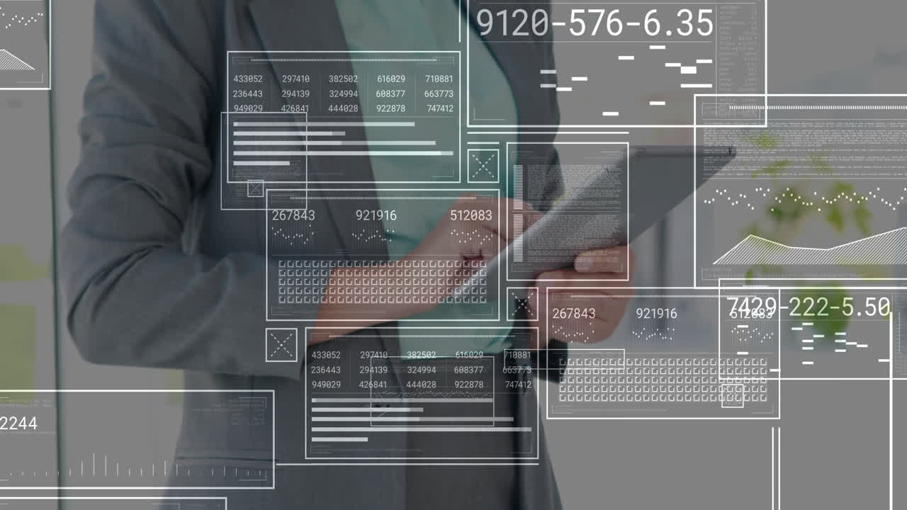 Using tablet with data processing animation overlay, business professional working