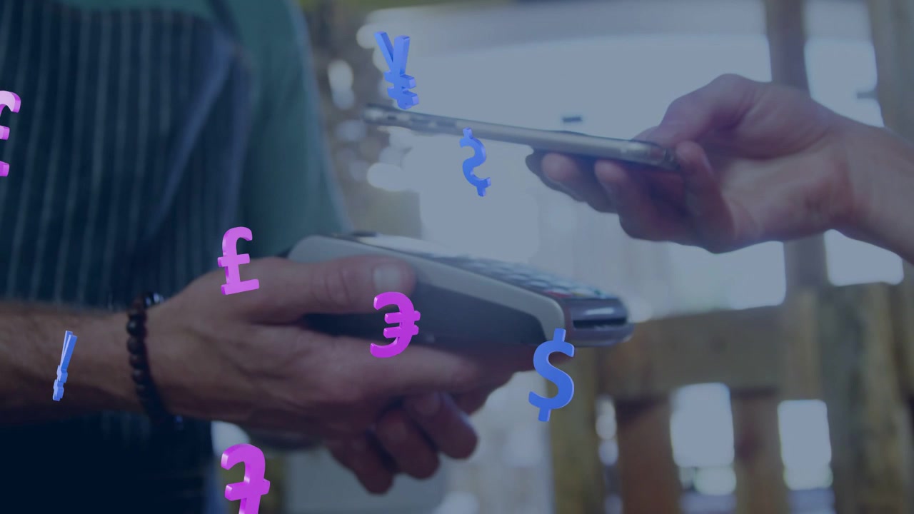 Camera rising showing vendor steadying reader, customer tapping phone to pay, money icons floating