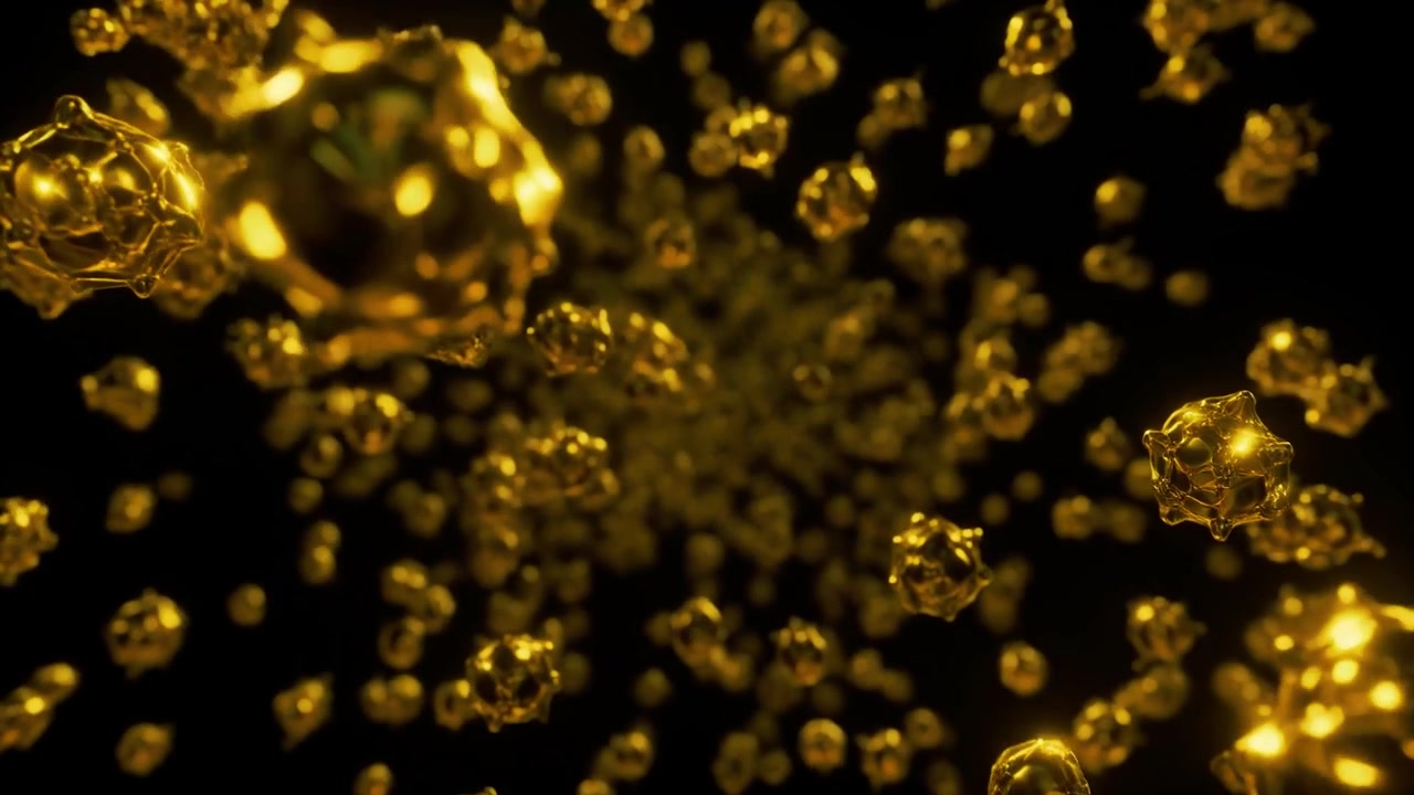 Animazione astratta di sfere metalliche dorate fluttuanti nello spazio buio
