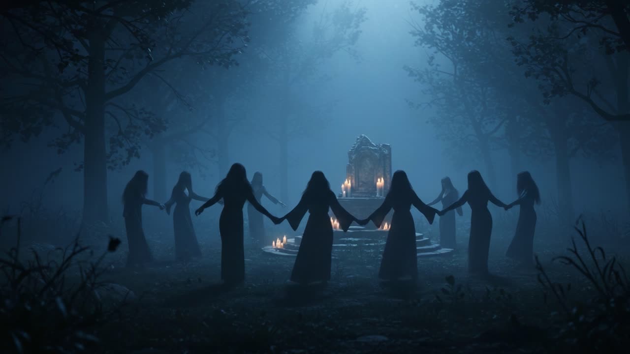 In a mysterious forest shrouded in fog, a group of cloaked figures forms a circle around a stone altar adorned with flickering candles, creating an atmosphere of ancient rituals and hidden secrets