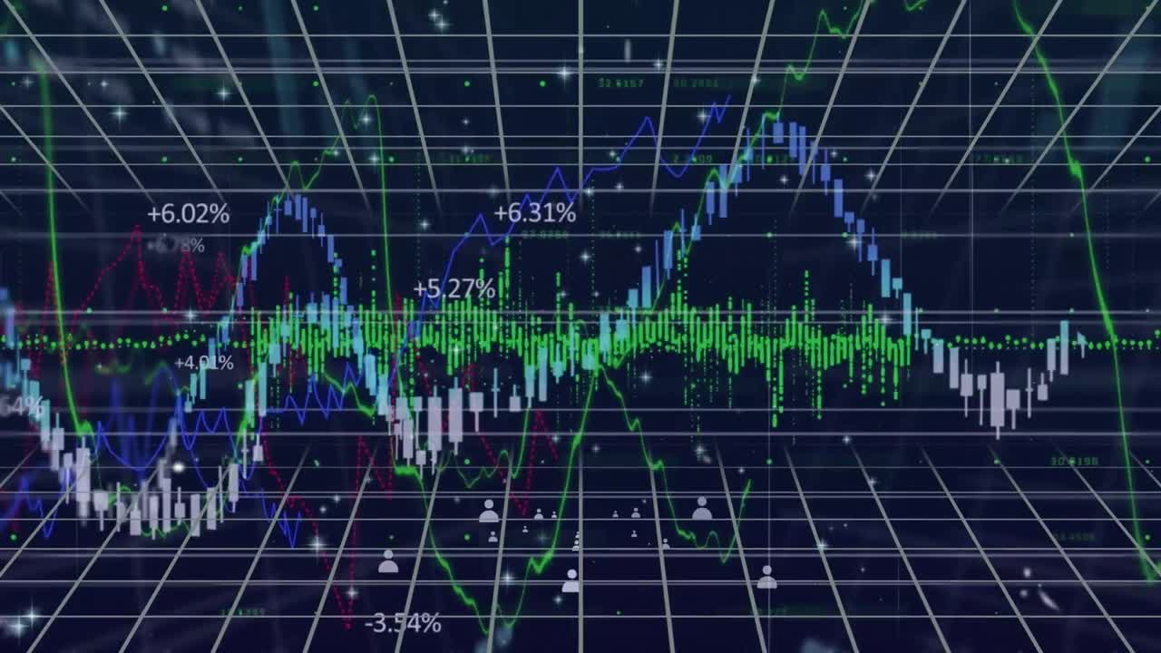 추상적인 패턴과 재무 데이터의 그래픽 표현을 가진 독특한 디자인 비디오