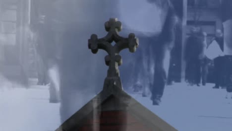 animation of cross and church over people walking on street