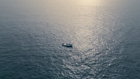 motor boat floating sea shiny day aerial view. ship sailing at marine landscape