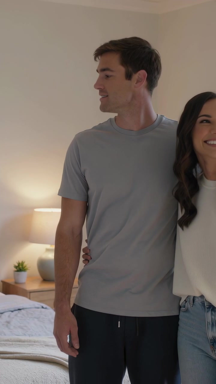 Video verticale: Coppia ripresa che si appoggia casualmente in camera da letto vicino al letto, l'uomo gira la testa.