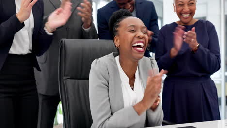 happy black woman, team and applause for good