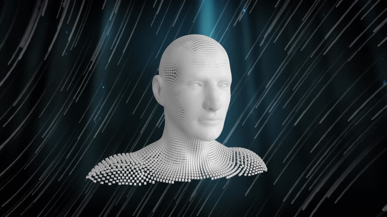 animación de la silueta humana hecha de puntos sobre un fondo negro con líneas