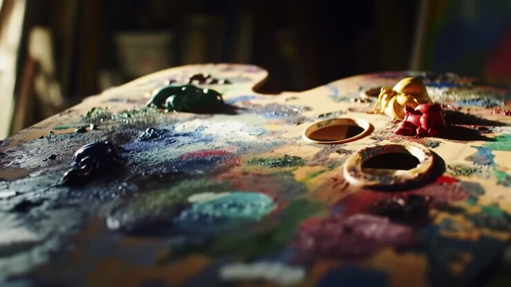 Explorer le monde vibrant de la peinture sur la palette d'un artiste dans un atelier créatif.