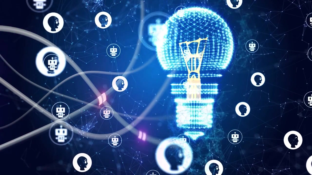 Neon wireframe-pære pulserer fra magenta pulser, tokens falder og samler sig, hvilket viser dataflow.