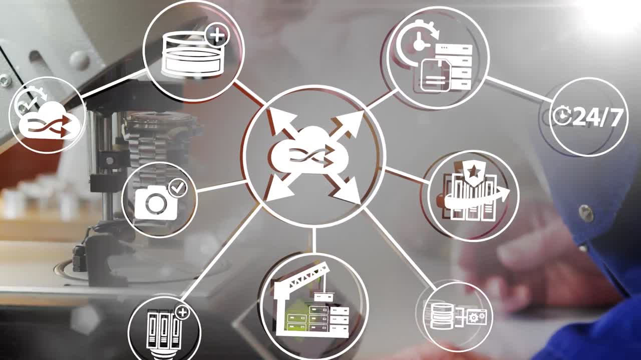 animación de iconos tecnológicos sobre las manos de un hombre caucásico de alto nivel limpiando el reloj