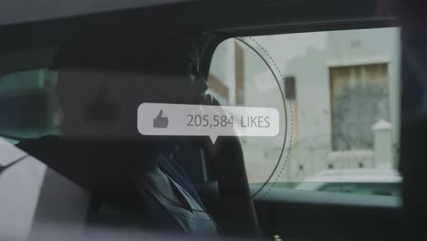 animation of social media like notification over african american woman using smartphone in car