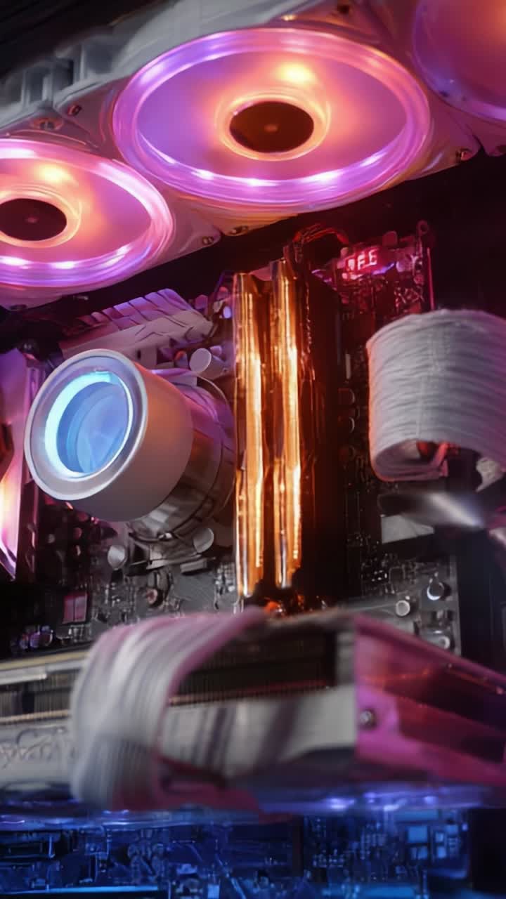 A Close-Up View of a High-Performance Gaming PC Interior, Featuring Vibrant RGB Cooling Fans, Advanced CPU Cooler, and Stylish RAM Modules for Enhanced Aesthetics and Functionality