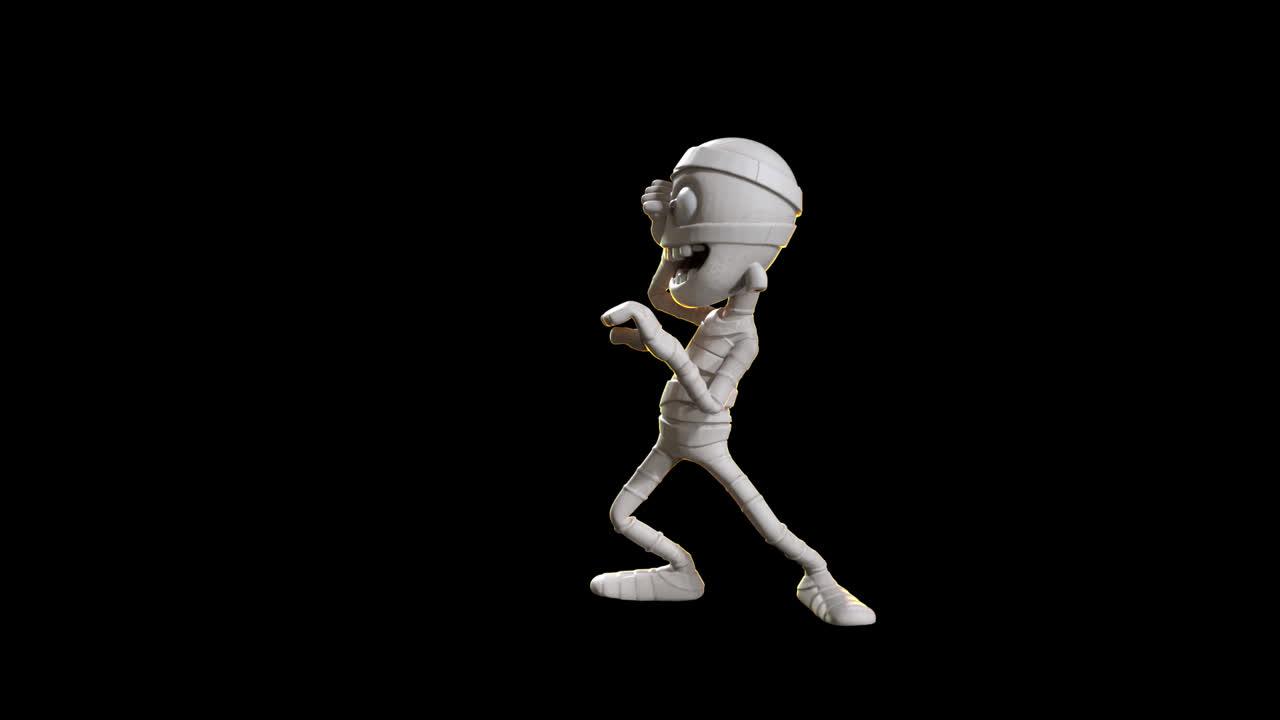 Personaggio Mummia Cartoon Divertente che Balla su Sfondo Nero