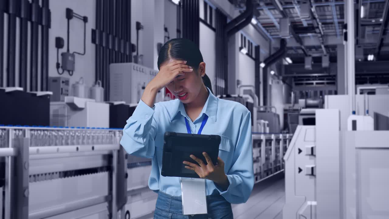 Asian Female With Her Tablet With Water Production in Bottling Factory, She Is Nodding Her Shead With Dissapionted