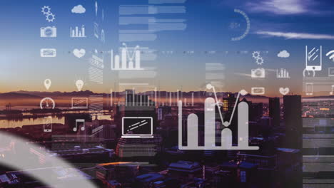 animation of data processing with city in background