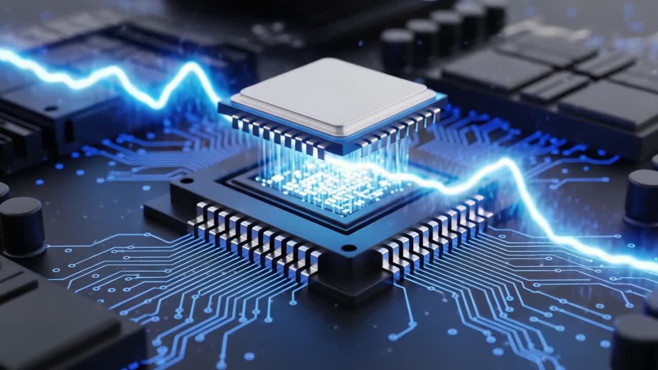 Dynamic Representation of a Microprocessor Embedded in a Circuit Board, Highlighting Data Transmission and Processing with Futuristic Visual Effects