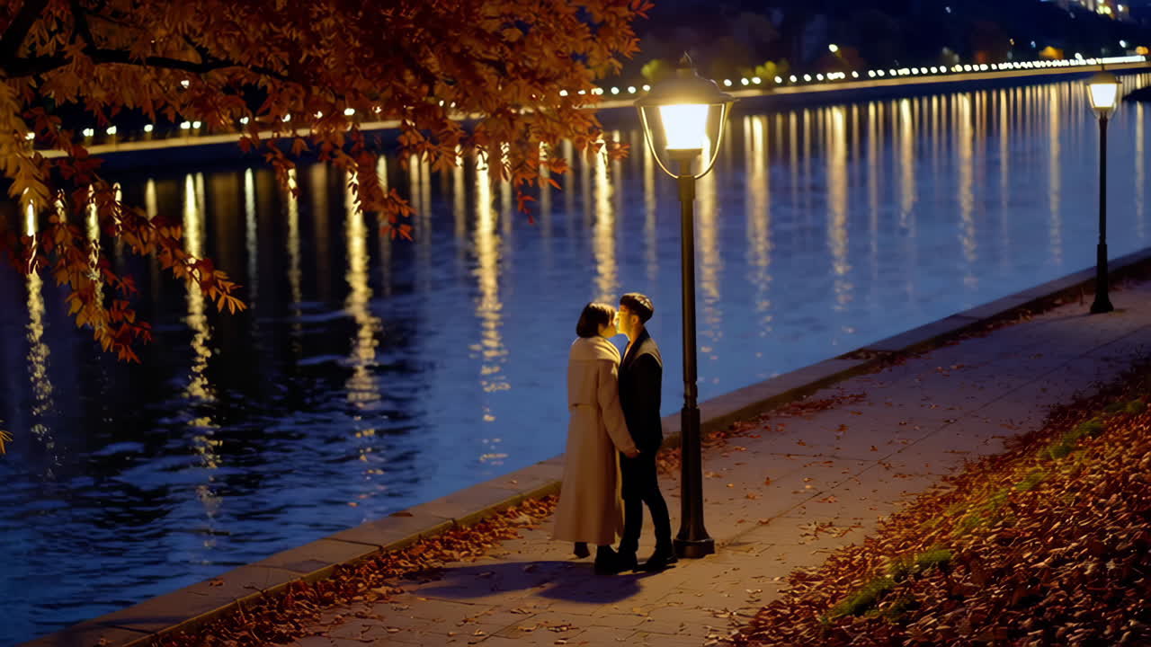 Couple Kissing by the River at Night