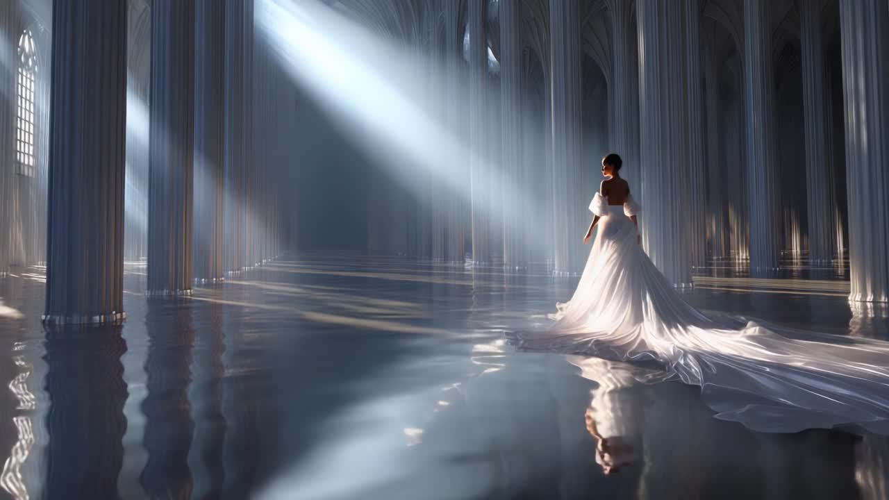 A breathtaking scene unfolds in a grand, ethereal space where light cascades through towering columns, illuminating a figure adorned in an exquisite gown, reflecting the serenity and beauty of the moment