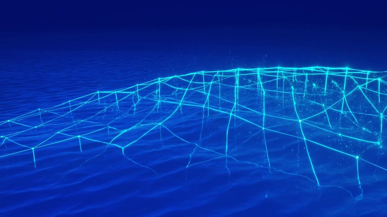 Digital Wireframe Grid Expanding Over Blue Water Surface