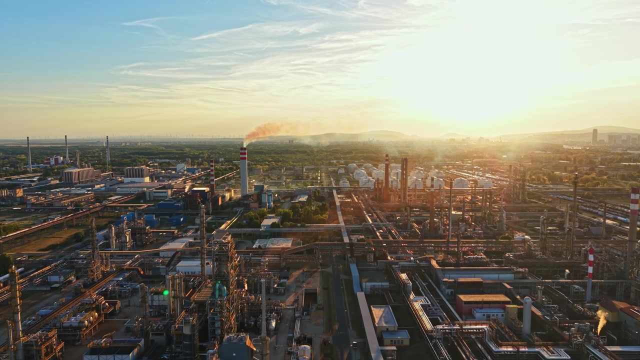Raffineria di petrolio al tramonto con fumo che sale dalle ciminiere e macchinari in funzione in primo piano