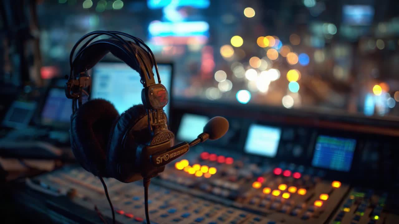 Captivating Scene of a Sound Control Room Highlighting Headphones and Equipment Amidst the Urban Night with Blurred City Lights in the Background