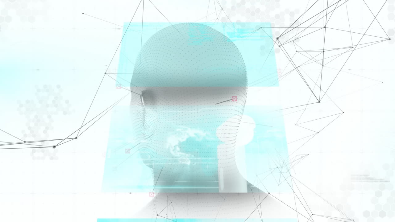 Animation of data processing over digital human head and network of connections