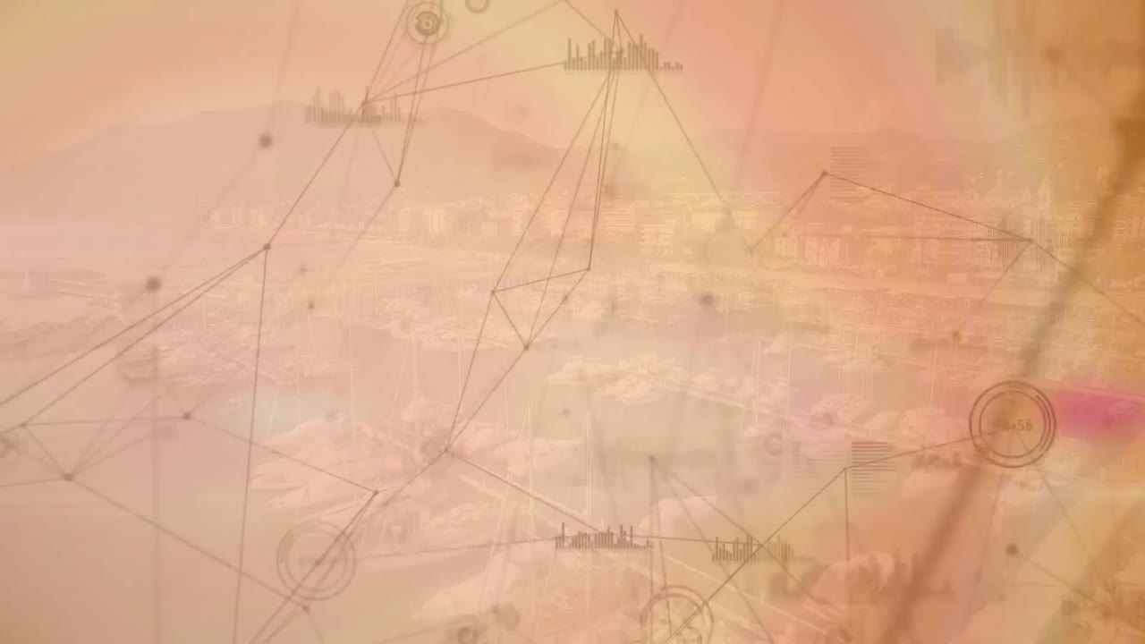 composición digital de la red de conexiones y procesamiento de datos en comparación con la vista aérea del paisaje urbano