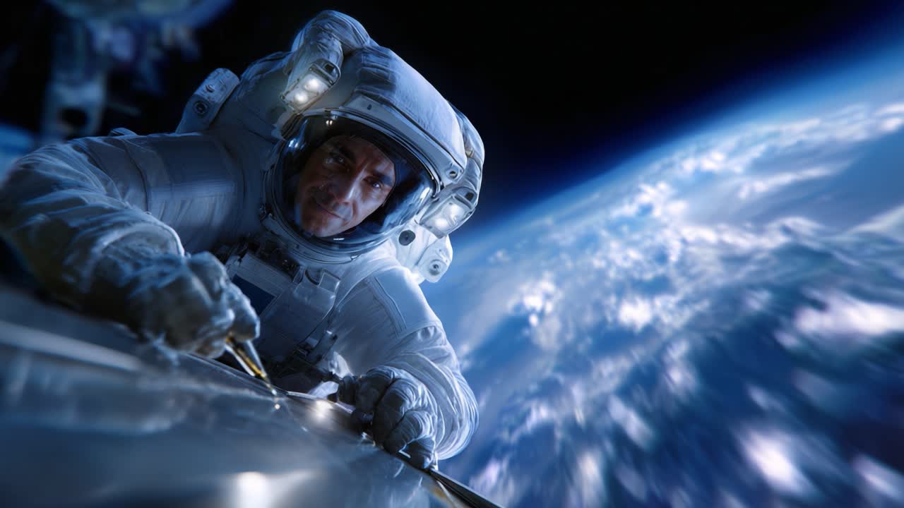 An astronaut floats in the vastness of space, close to a spacecraft, capturing the breathtaking view of Earth below through the lens of the universe
