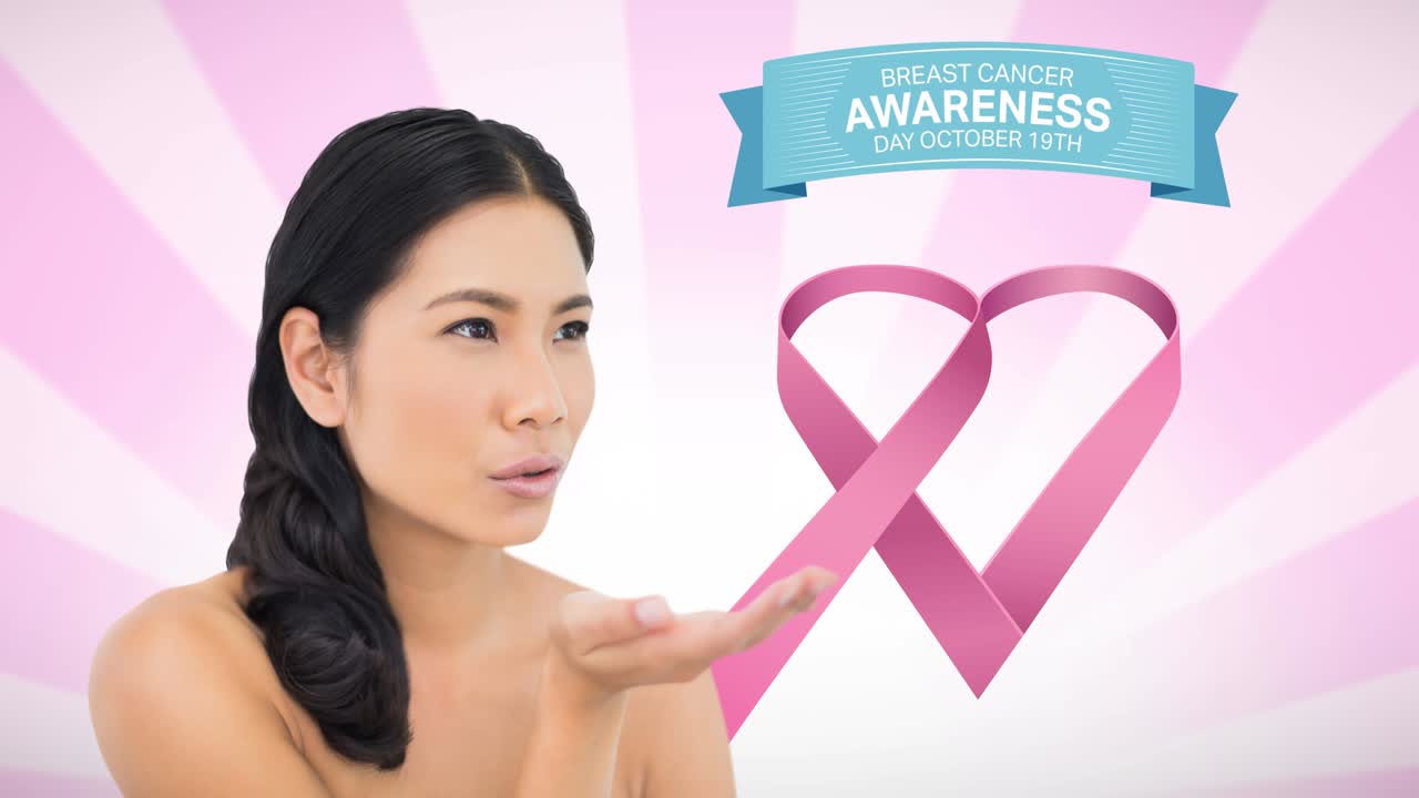 젊은 여성 위에 유방암 텍스트가 있는 분홍색 리본 로고의 애니메이션