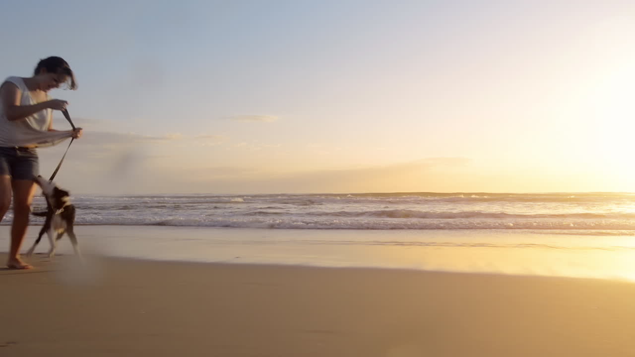 Woman running dog on beach lifestyle steadicam shot