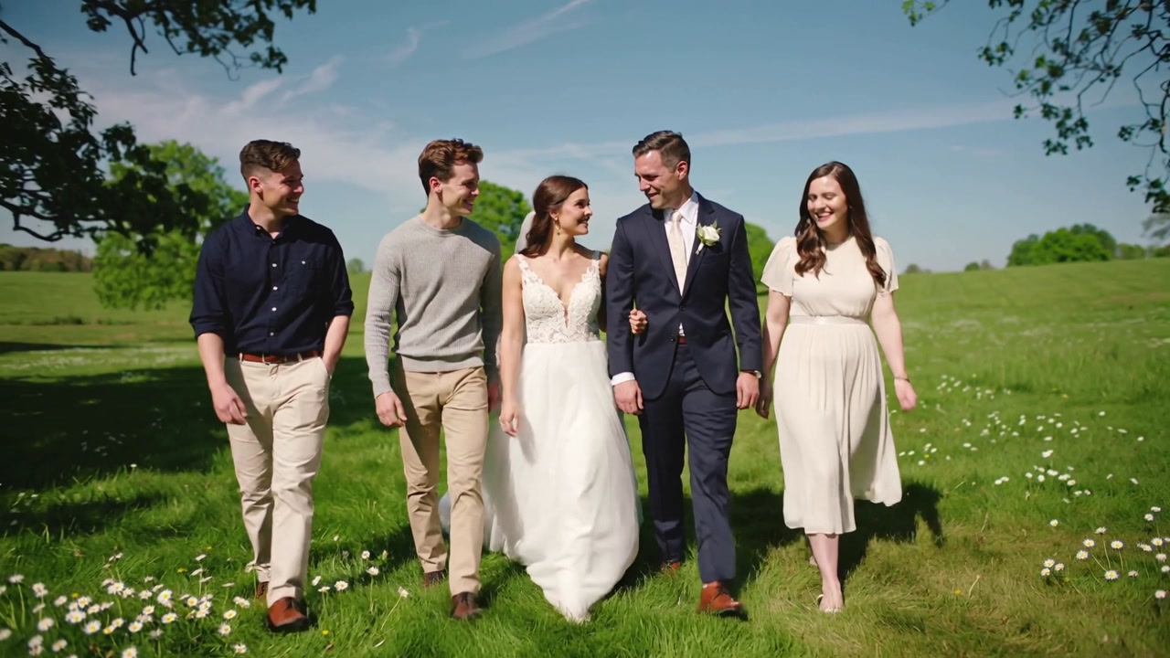 Walking wedding group responding to sunlight in meadow, bride gathering white gown, groom smiling