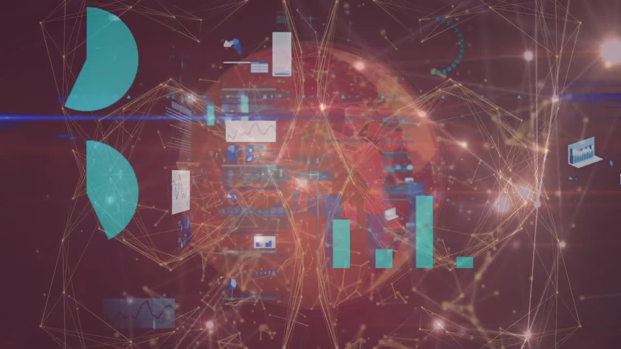 Animation of digital screen with data, graphs and connections