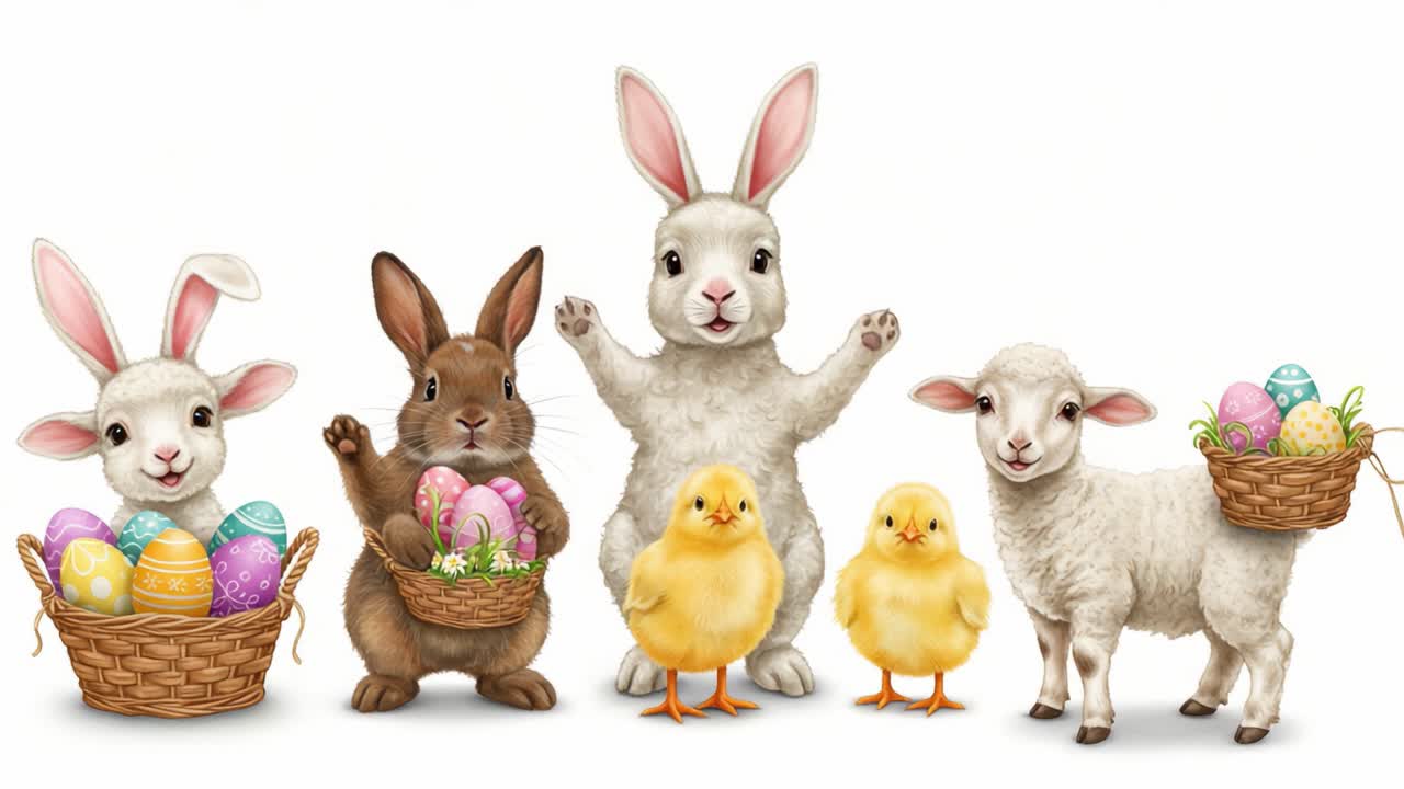 Eine Sammlung fröhlicher Ostertiere, die den Frühling mit bunten Eiern und Spaß in einer skurrilen Szene mit Hasen, Küken und Lämmern feiern