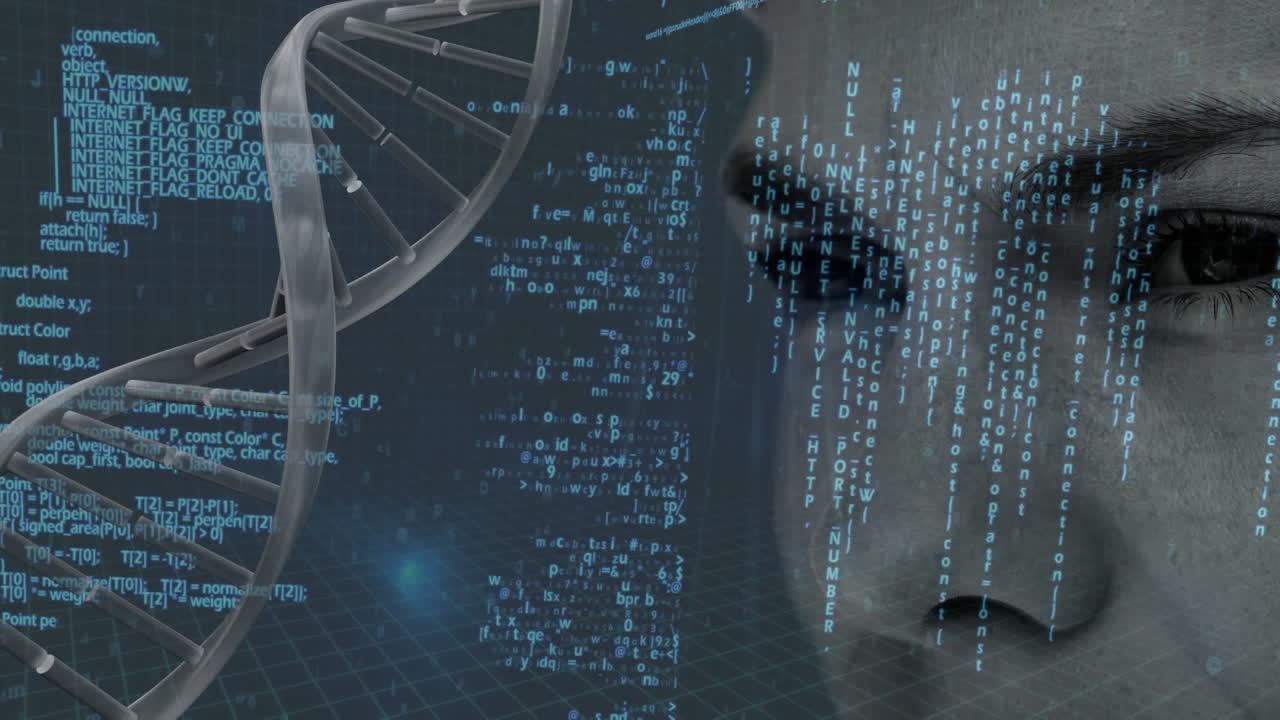 Animation of dna strand spinning and data processing over woman's face